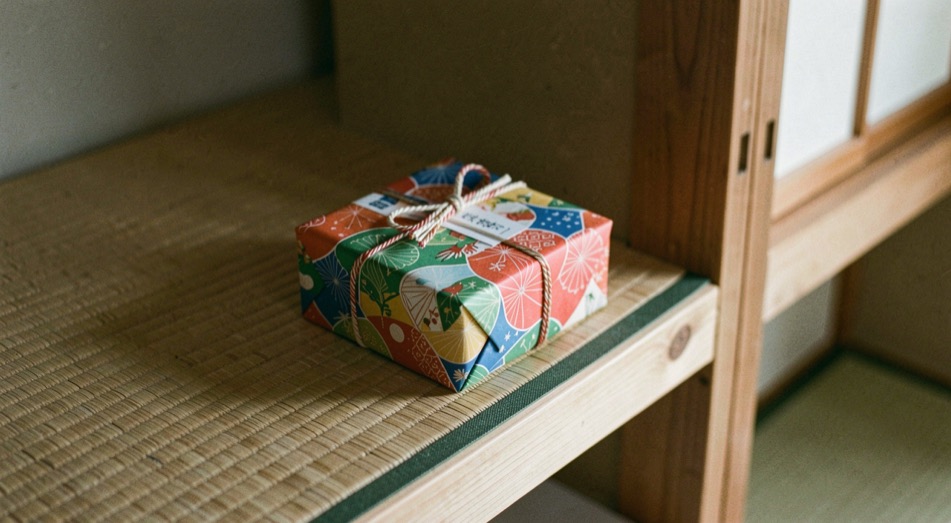 包装紙に湯の花の紋様を刷った菓子箱の紐の結び目