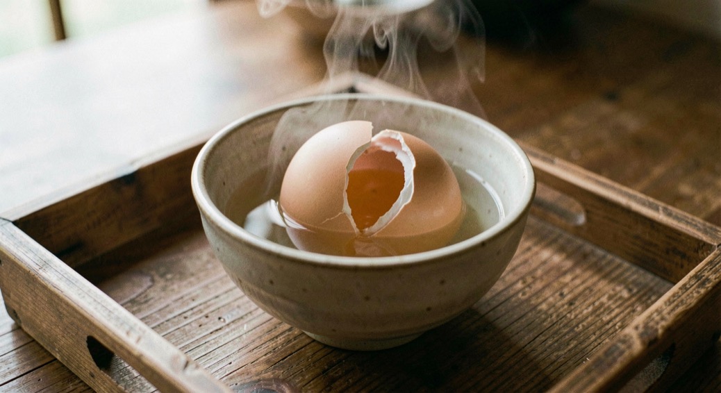 盆に載せて供された剥きたての卵と醤油の小皿