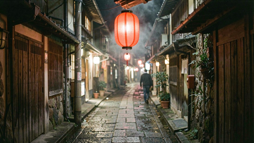 夜の露天に降る月光と、水面に環を作る滴